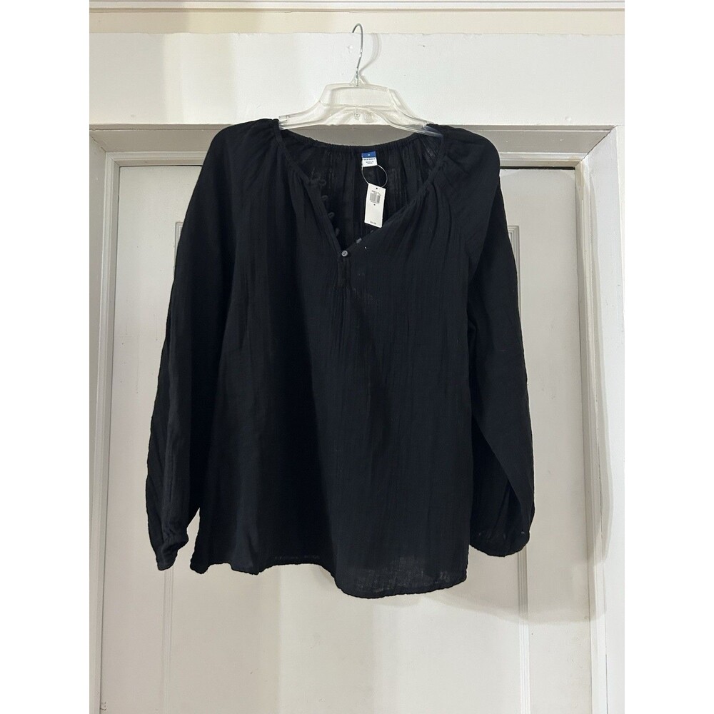 New Old Navy Black Long Sleeve Peasant Blouse Top Women’s Size Medium Modest